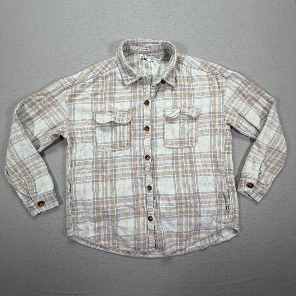 Hollister Womens Flannel‎ Boyfriend Fit Tan Plaid Button Down Shirt Large
